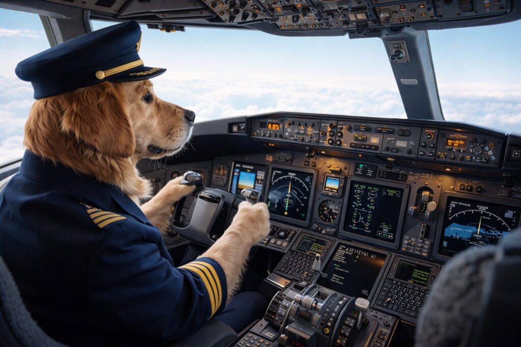 真剣に大型旅客機を操縦するレトリバーのパイロット