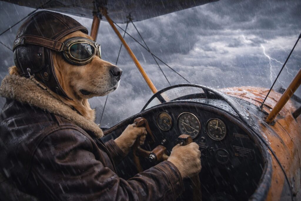 悪天候の中で複葉機を操縦するレトリバーのパイロット