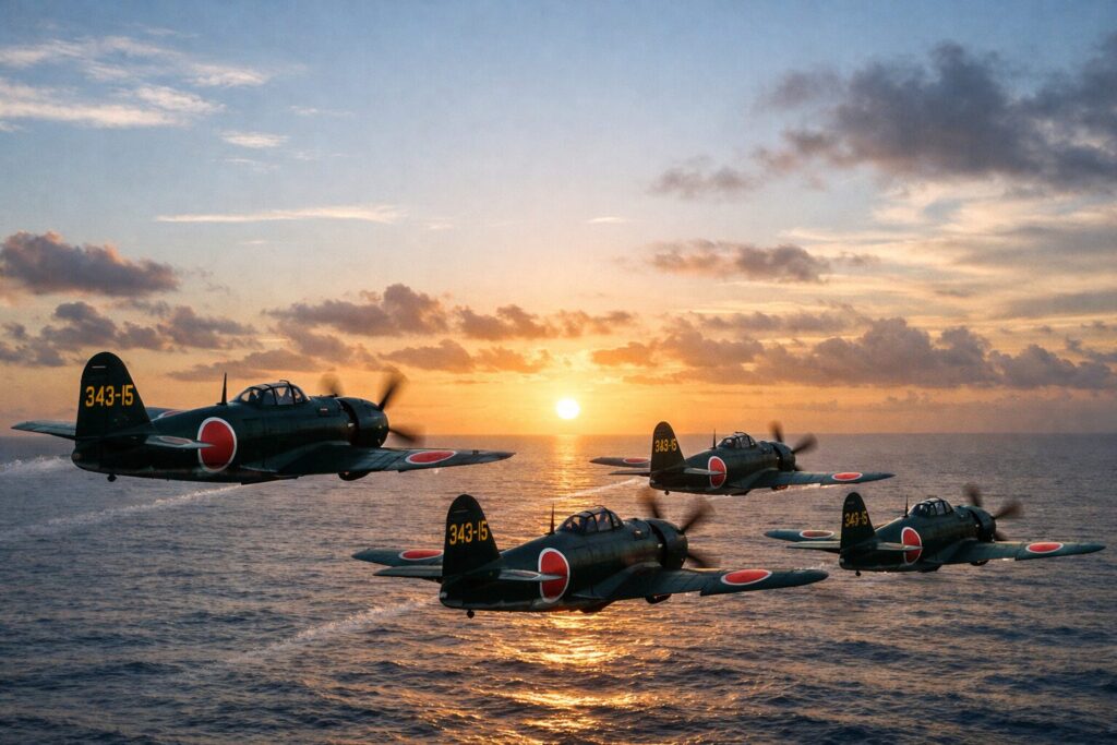 水平線に向かって飛んで行く紫電改の編隊