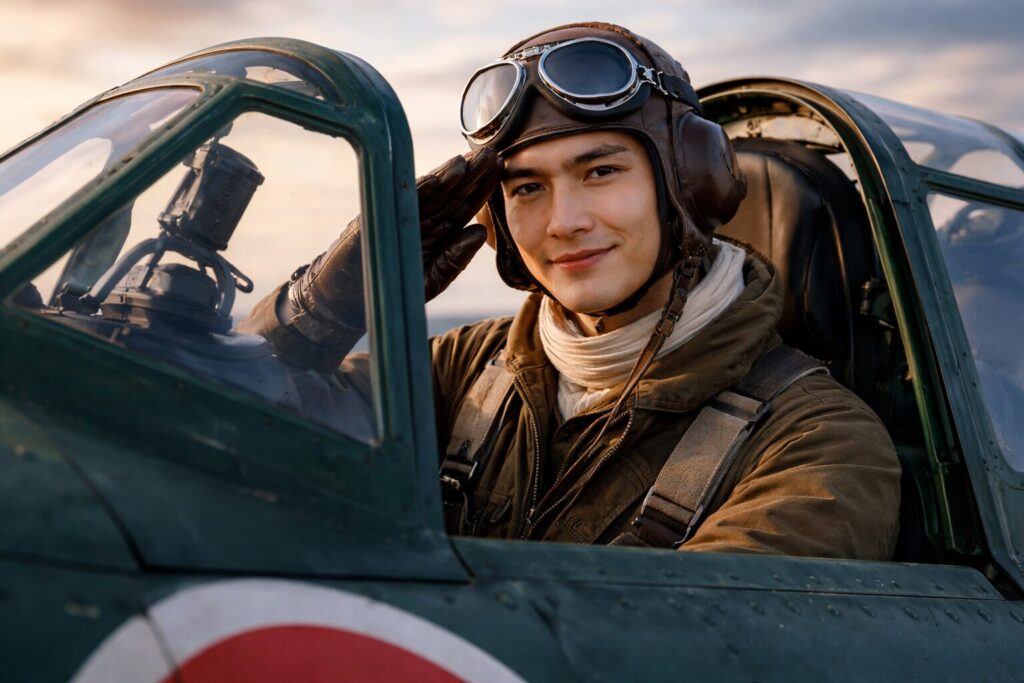 紫電改のコクピットから敬礼する青年パイロット