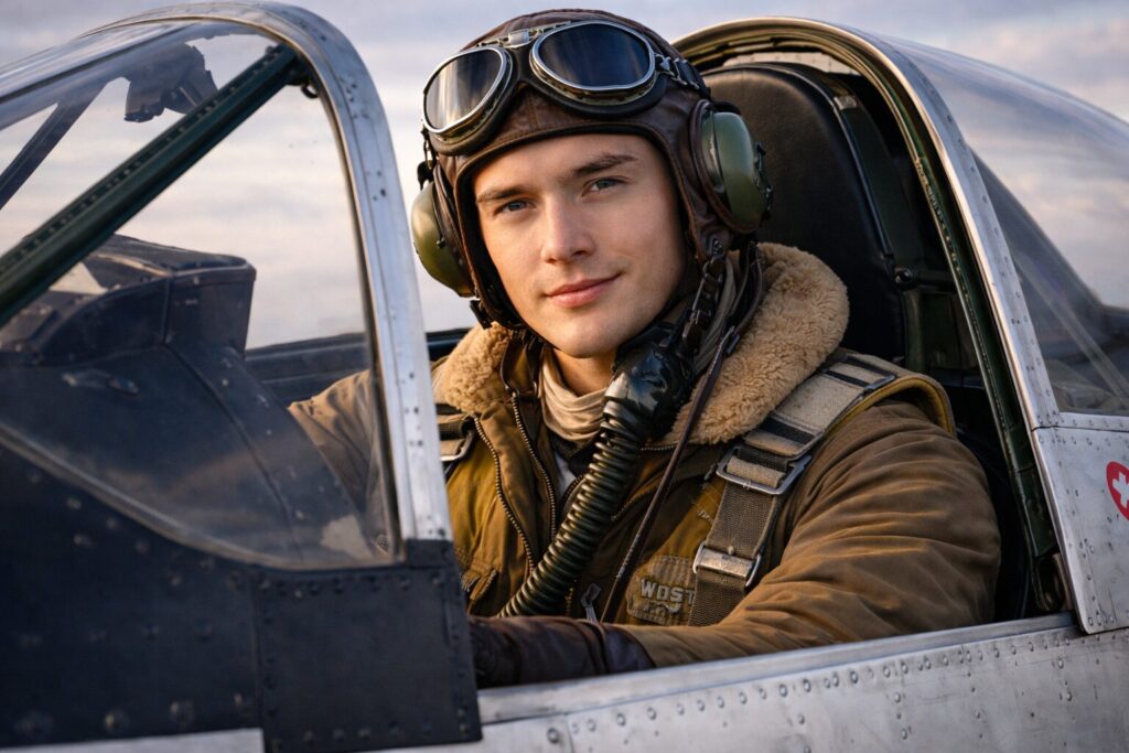 P-51Dマスタングのコクピットからこちらを見つめる米軍の青年パイロット
