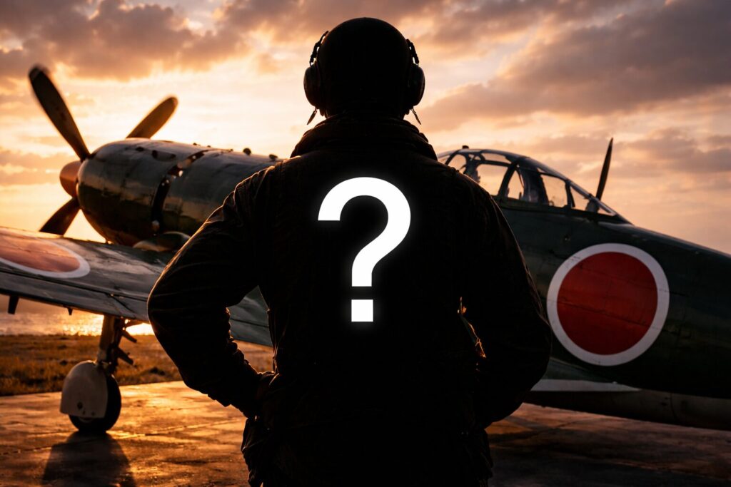 紫電改の前に立つパイロットの黒いシルエットに白い「？」のテキスト