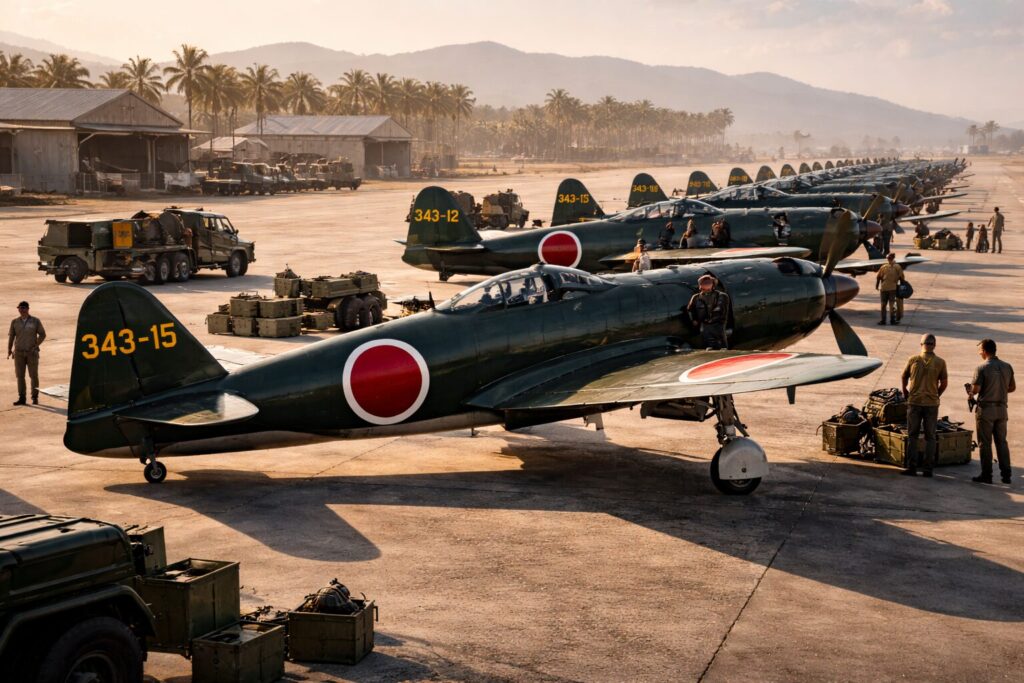 飛行場に並ぶ紫電改の部隊