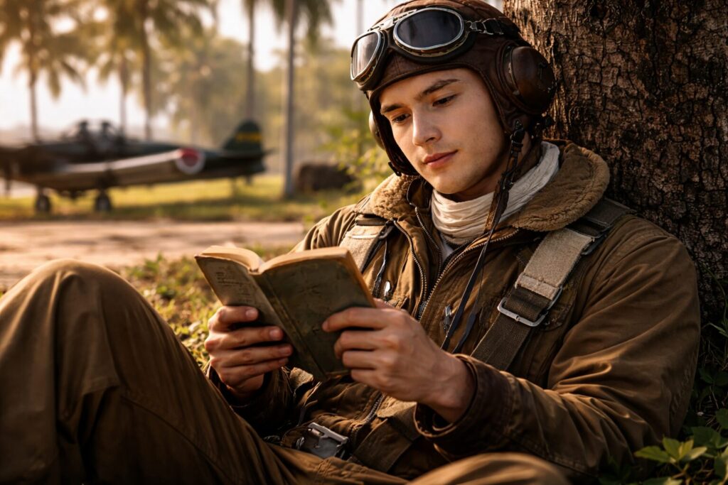 木陰で読書をする日本海軍の青年パイロット