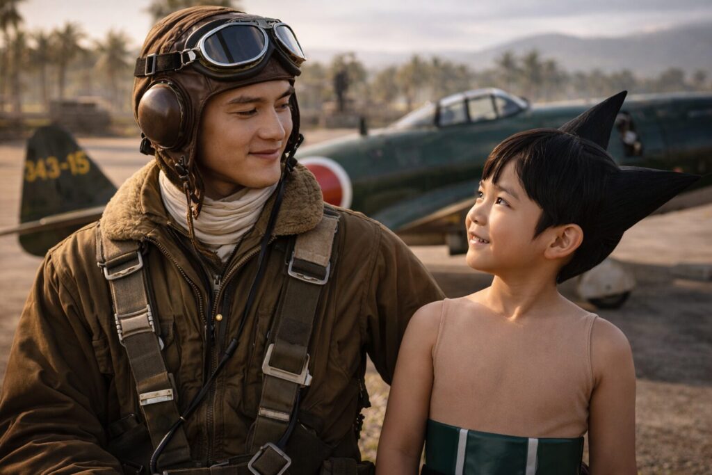 並んでお互いを見る日本海軍パイロットと鉄腕アトムの少年コスプレイヤー