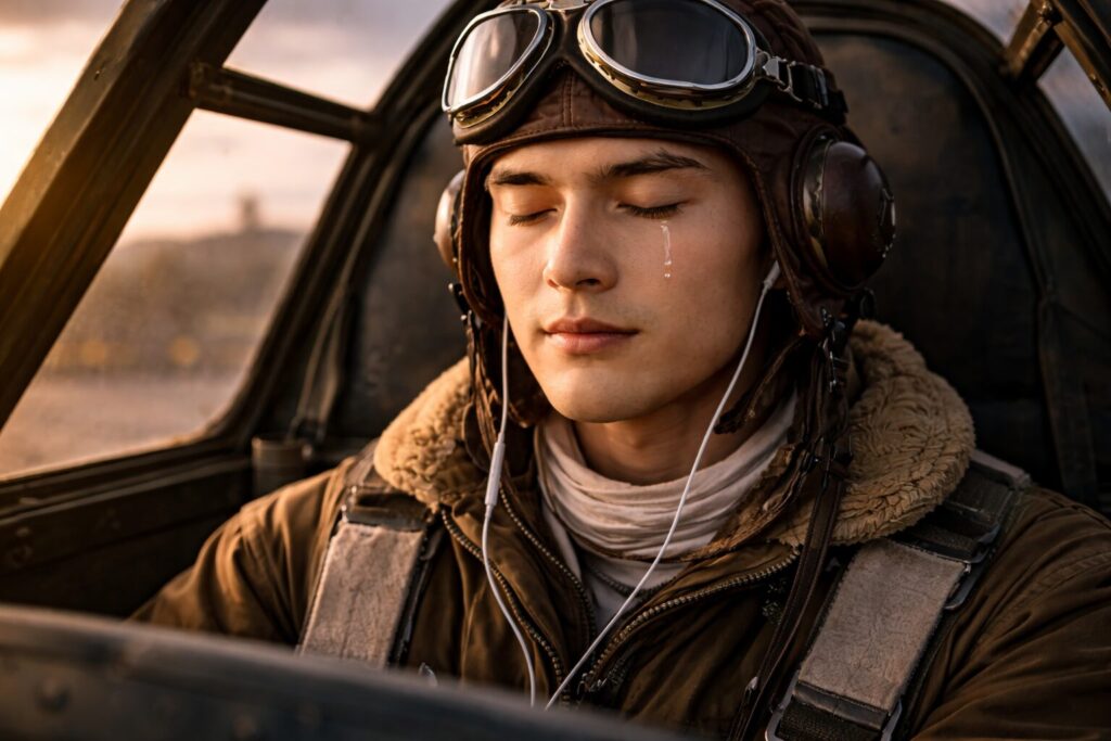 イヤホンで音楽を聴きながら目をつぶって涙を流す青年パイロット