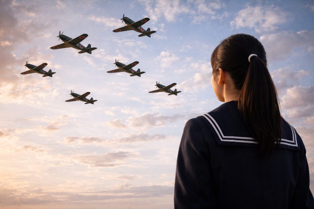 飛んで行く紫電改の編隊を見つめる女子高生