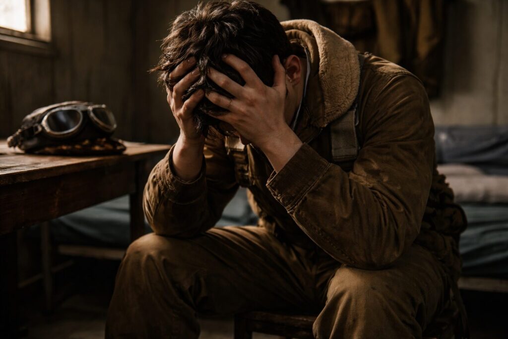 宿舎の椅子に座り下を向き頭を抱て悩む青年パイロット