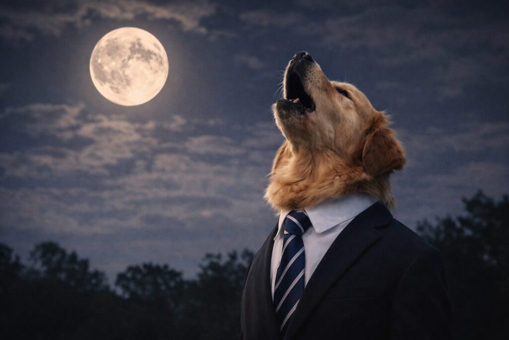 満月を見上げて遠吠えするレトリバーのサラリーマン