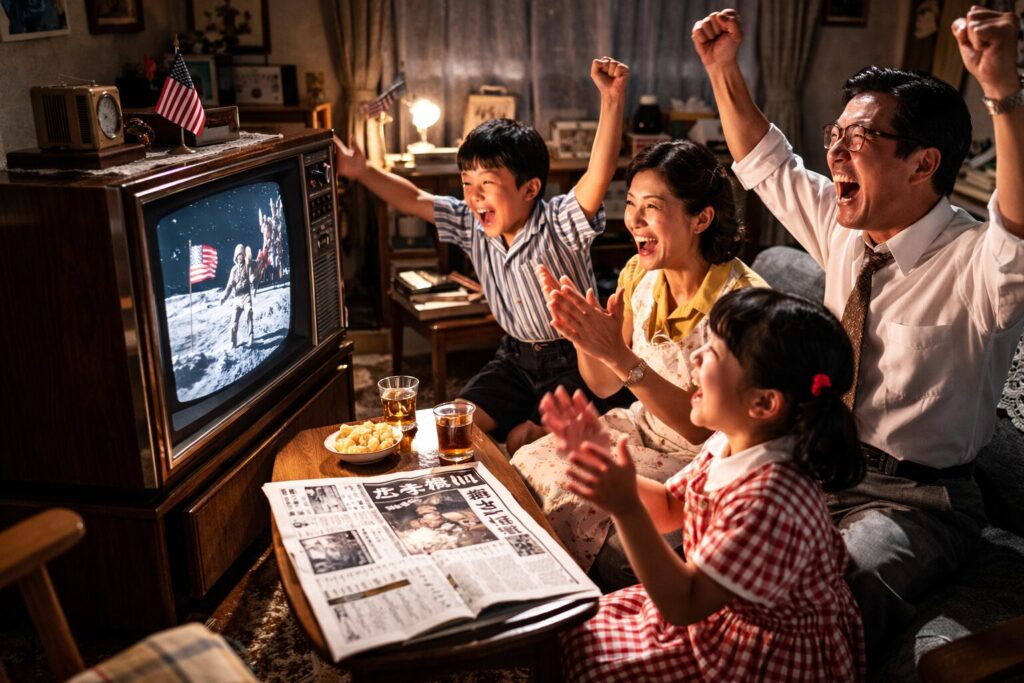 アポロの月面着陸のテレビ中継を見て歓声を上げる家族