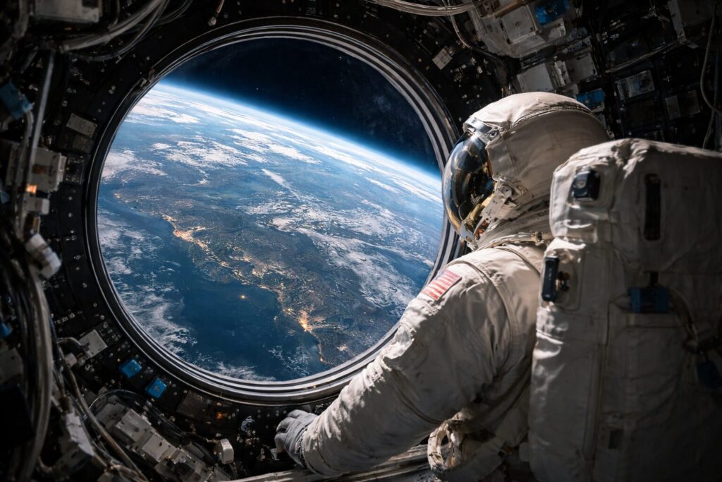 有人衛星の窓から地球を見る宇宙飛行士