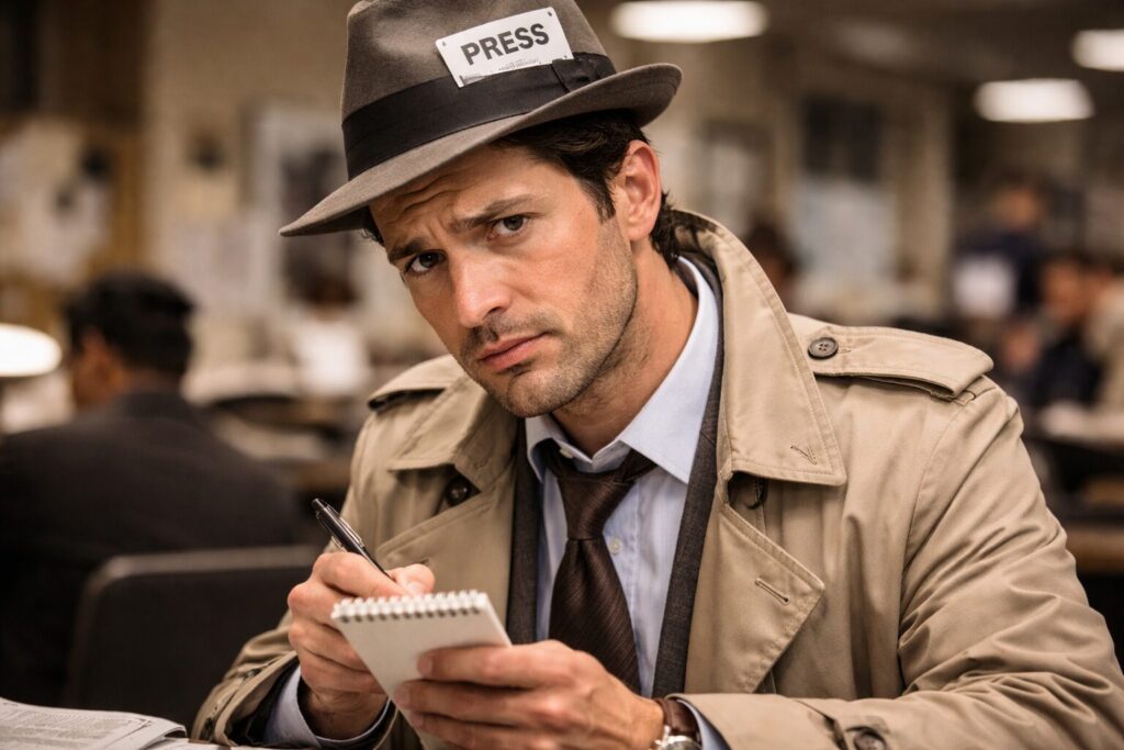 疑り深い顔つきでこちらをうかがう新聞記者