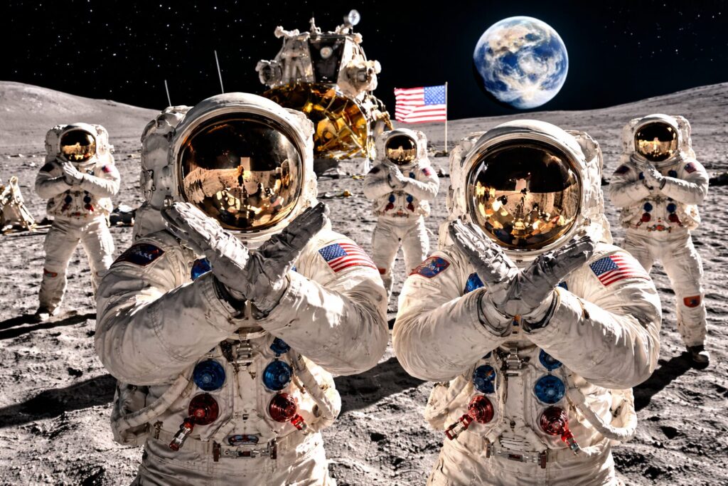 両手で×を作る宇宙飛行士たち