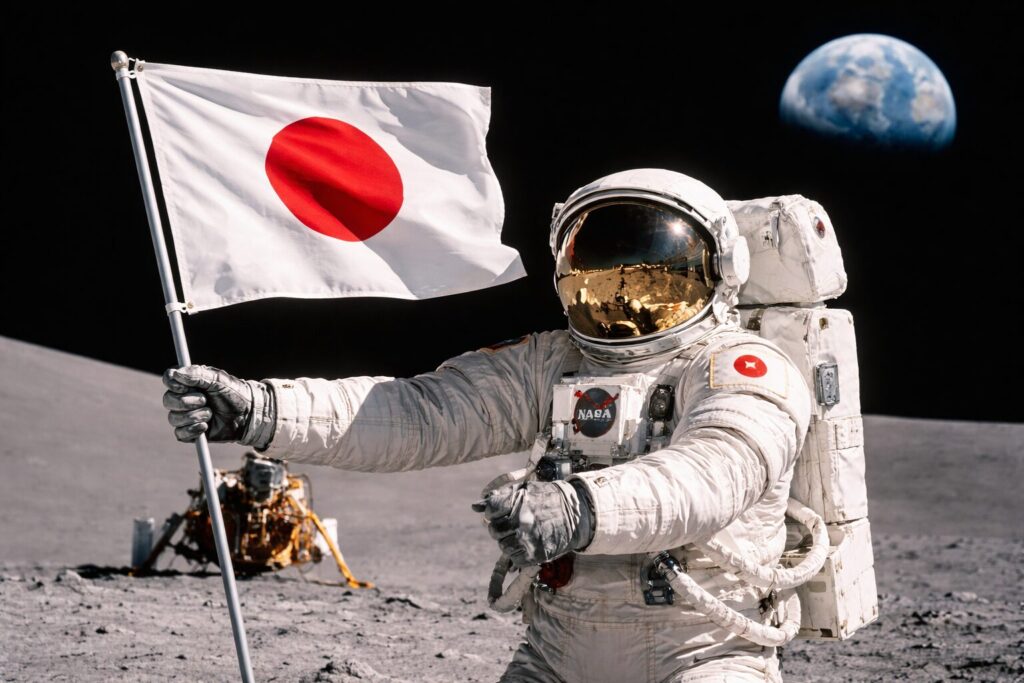 月面で日の丸の旗を振る宇宙飛行士