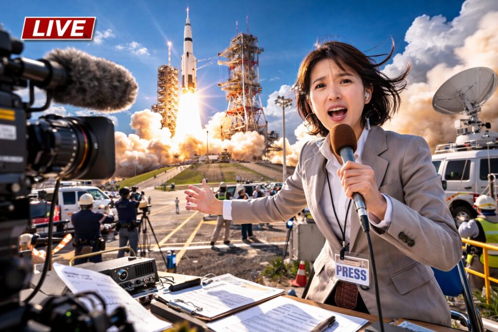 ロケット打ち上げ施設で実況するレポーター