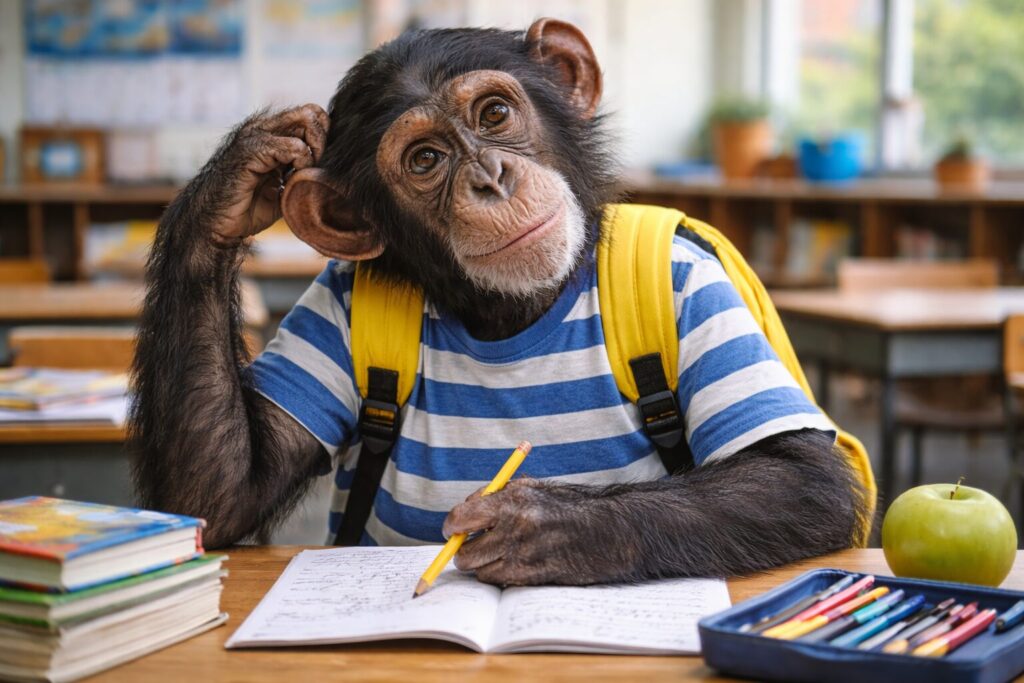 首を傾げて考えるチンパンジーの小学生