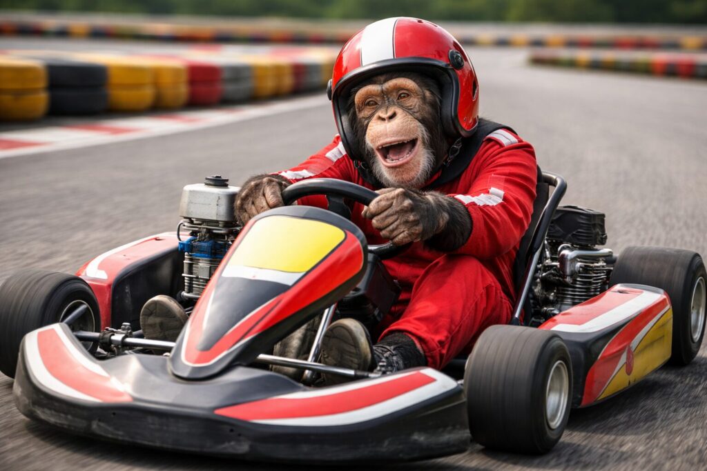ゴーカートを運転する笑顔のチンパンジー