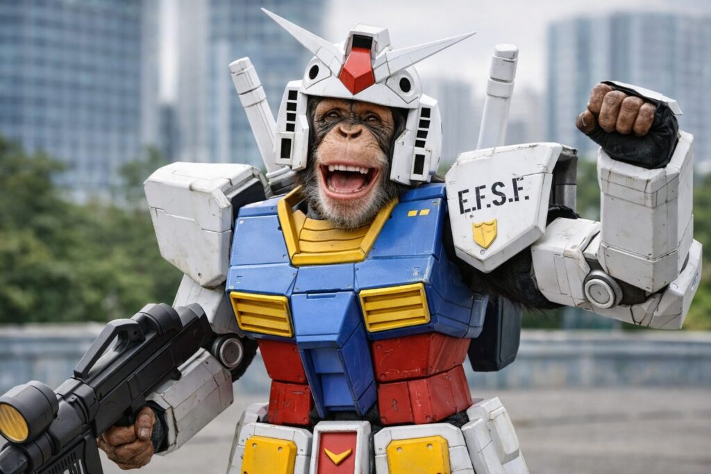 ガンダムのコスプレでポージングをするチンパンジー