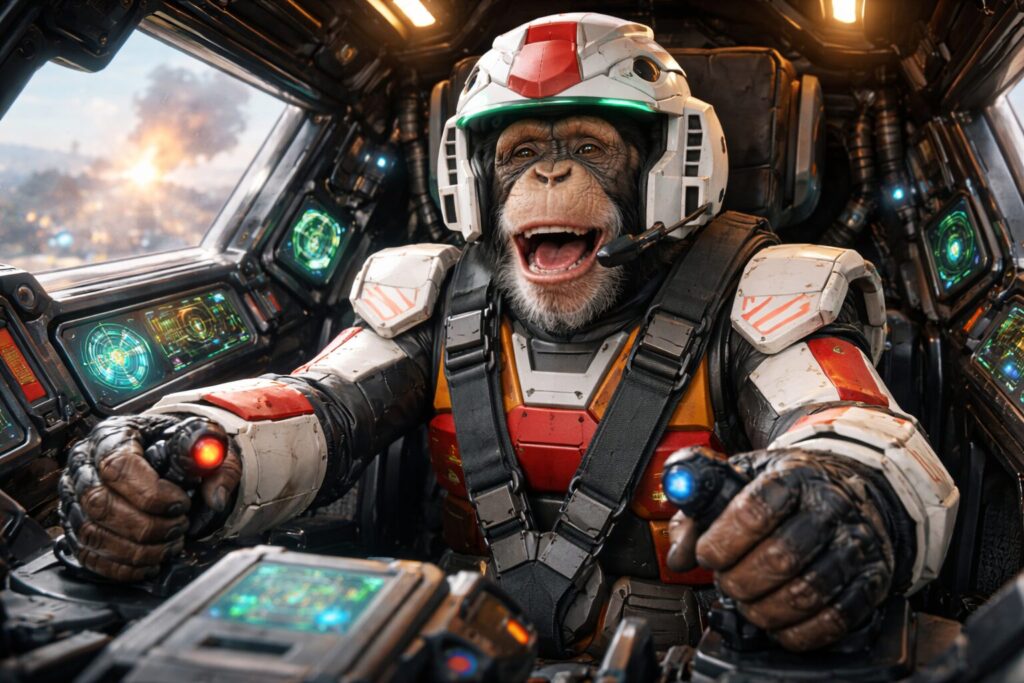 ロボットのコクピットで操縦するチンパンジー