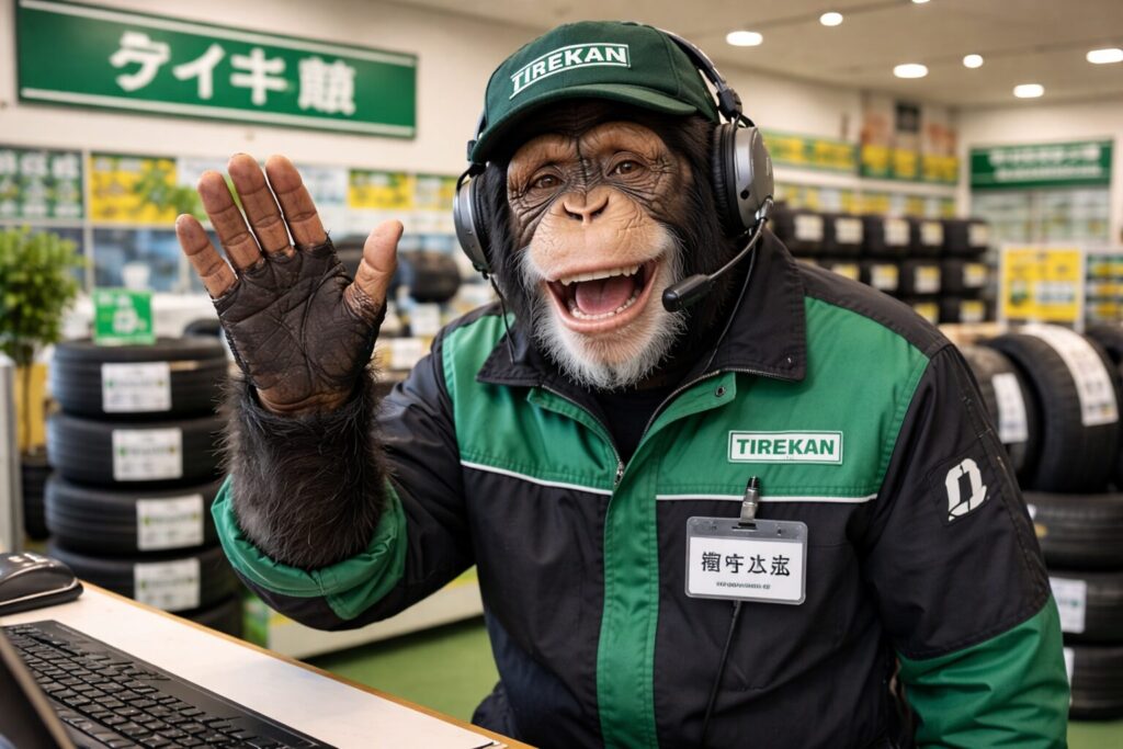 タイヤ館のユニフォームで挨拶するチンパンジー
