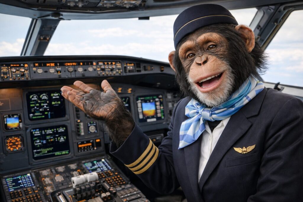 旅客機の操縦室を案内するチンパンジーのCA