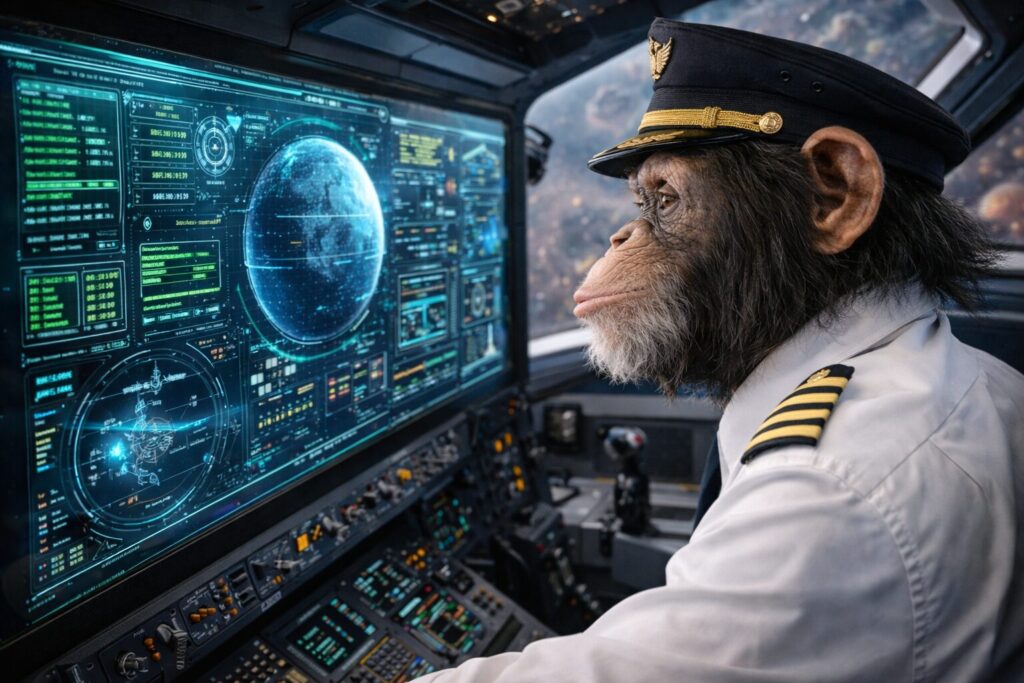 コクピットの大型ディスプレイを見つめるチンパンジーのパイロット