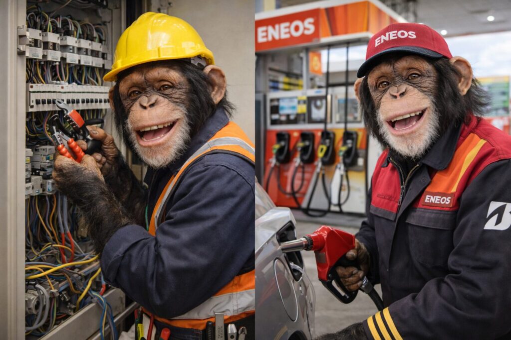 チンパンジーの電気技師とガソリンスタンド員