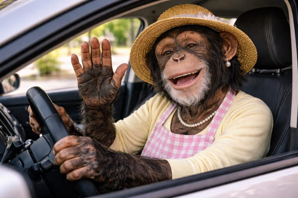 車の運転席から挨拶をするチンパンジーの主婦