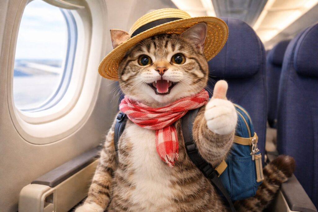 旅客機の座席で親指を立てる猫の旅行者