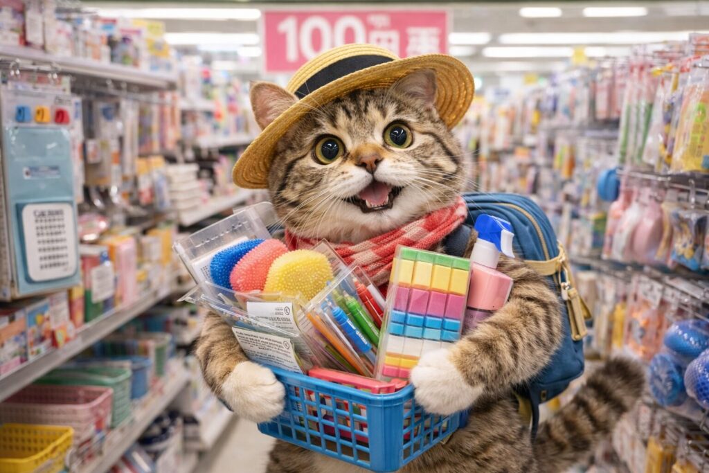 100均のお店でたくさんの商品を抱える猫の旅行者