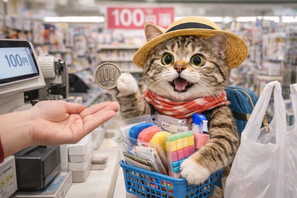 100均のお店でお会計をする猫の旅行者