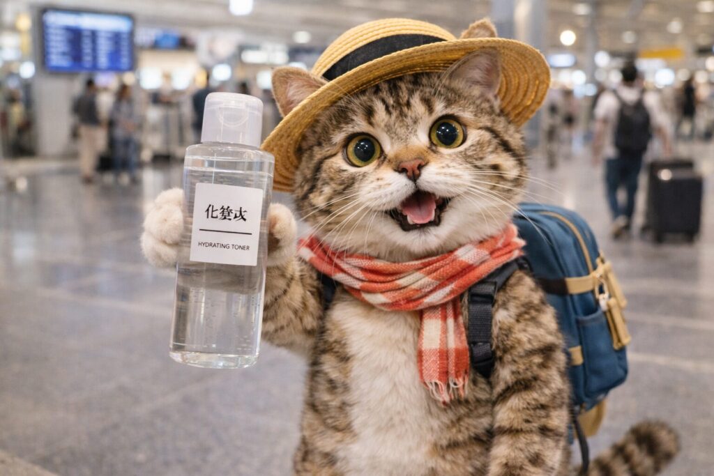 空港で化粧水のボトルを見せる猫の旅行者