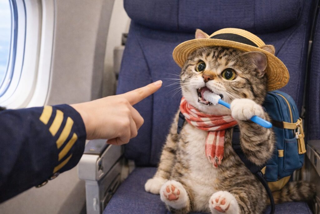 旅客機の座席で歯磨きを注意される猫の旅行者