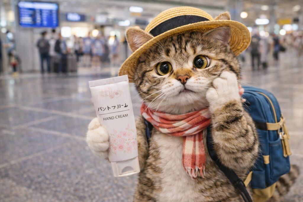 空港でハンドクリームを見ながら悩む猫の旅行者