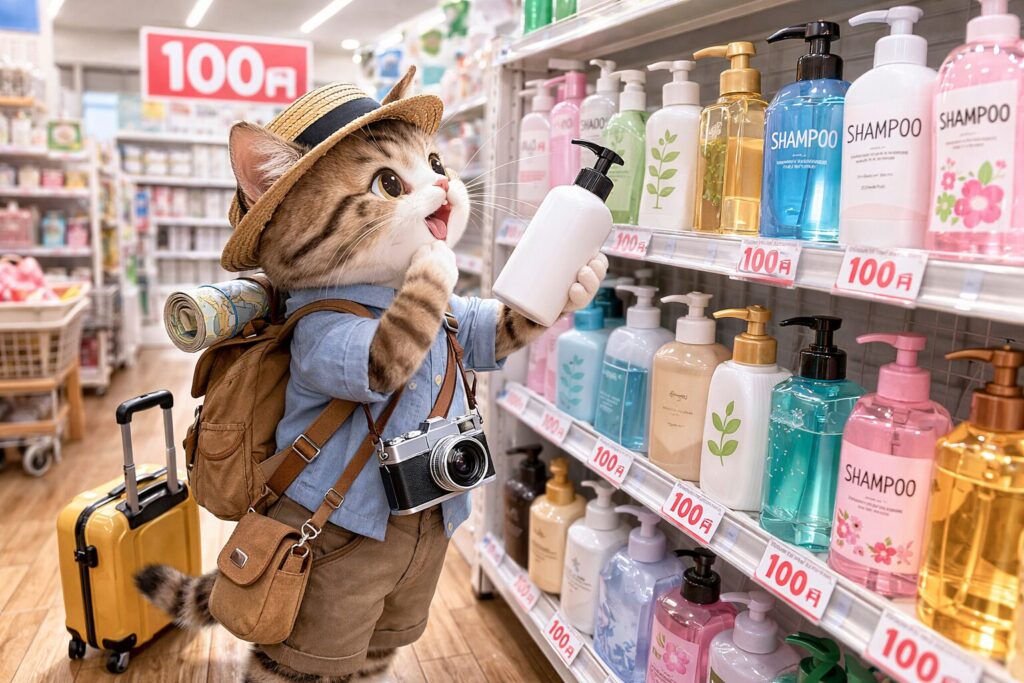 100均のお店でシャンプーの容器を見比べる猫の旅行者