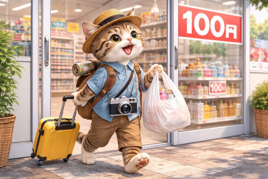 買い物を終えて嬉しそうに100均のお店を出る猫の旅行者