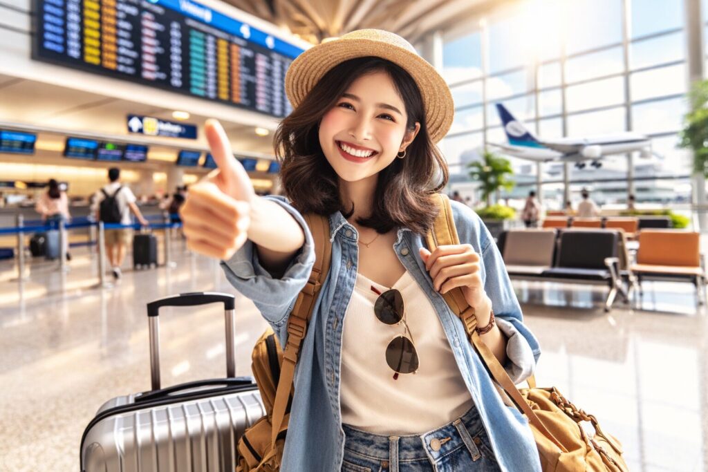 空港で笑顔で親指を立てる女性旅行者