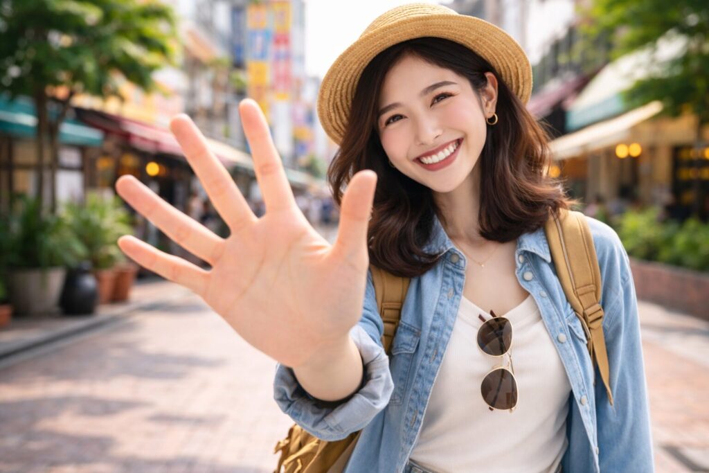 笑顔で広げた片手の平を見せる女性旅行者