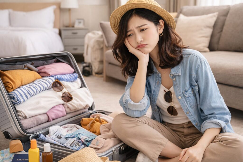旅行の荷造りに悩む女性旅行者