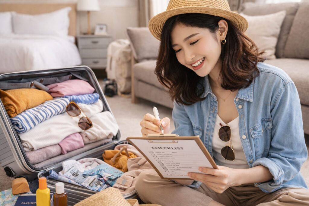 旅行の荷造りをしながらチェックリストを確認する女性旅行者