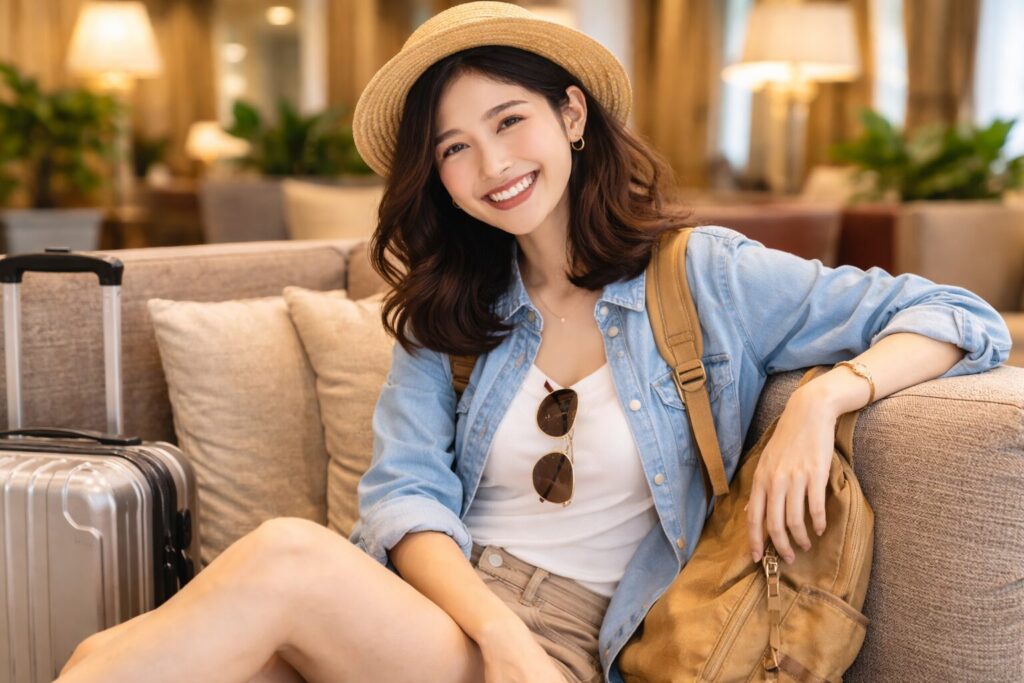 笑顔でホテルのソファーに腰掛ける女性旅行者