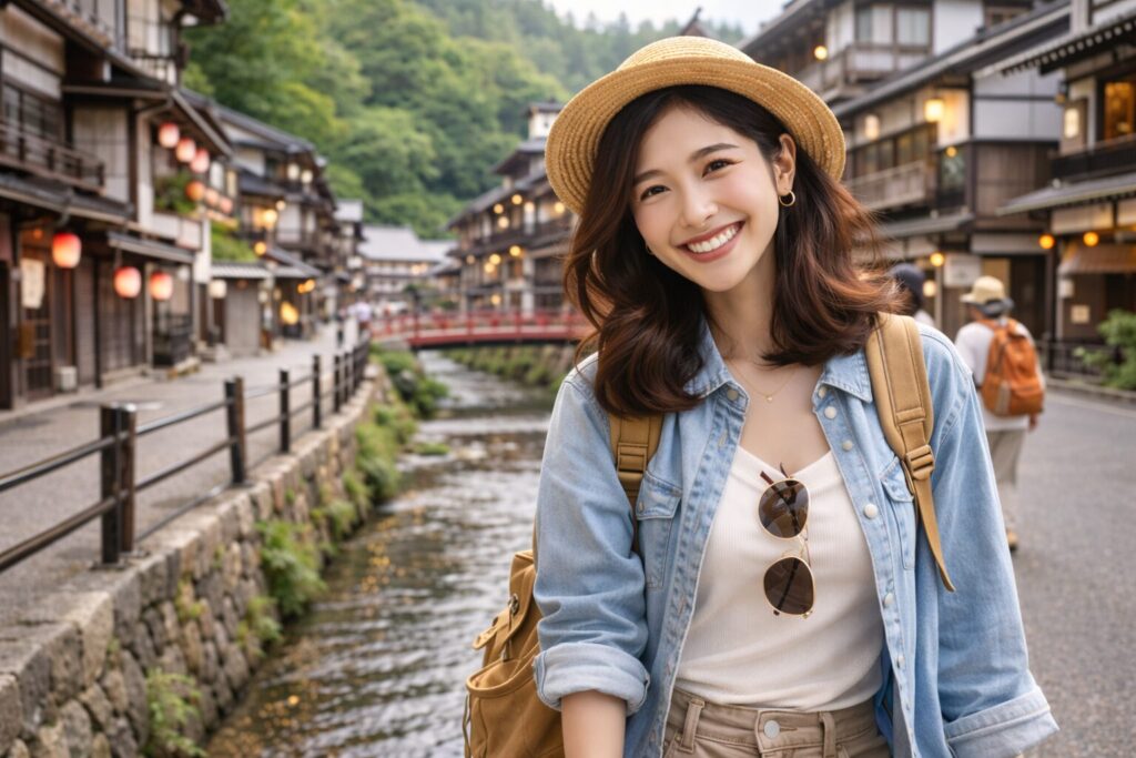 温泉街を散策する女性旅行者