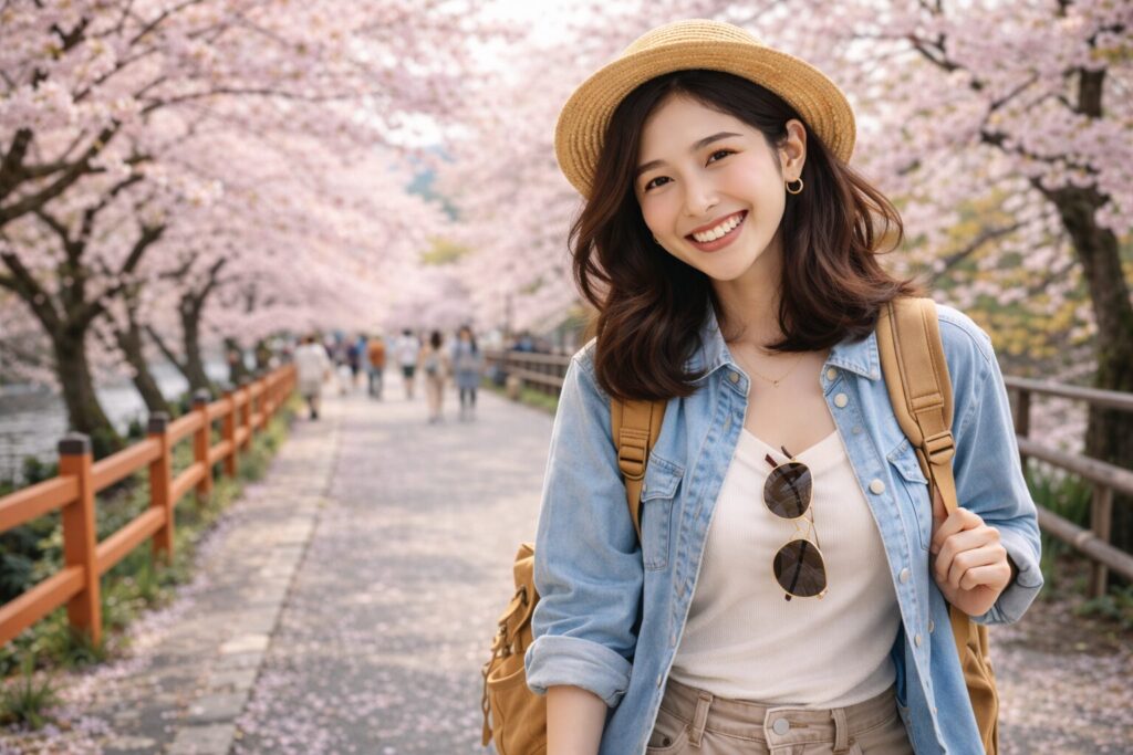 観光地の桜並木を歩く女性旅行者