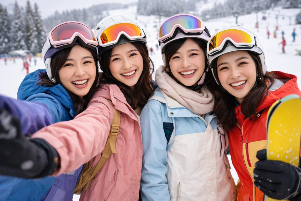 スキー場で集合写真を撮る女性たち