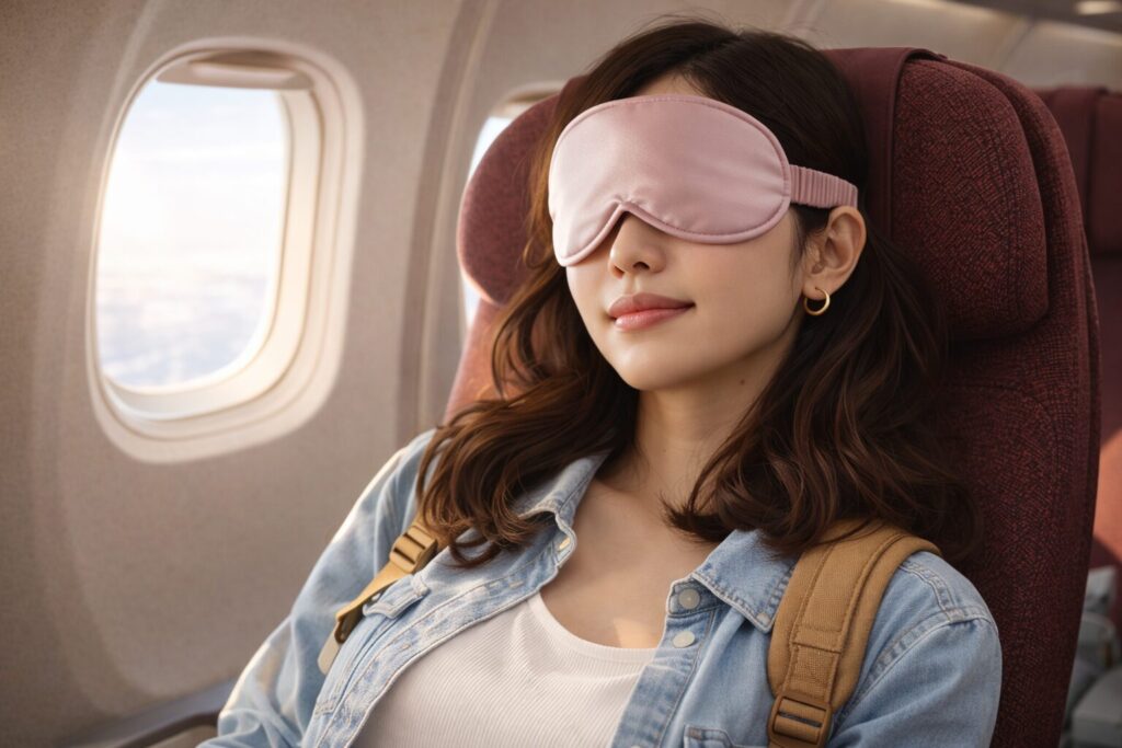 旅客機の座席でアイマスクをつけて眠る女性旅行者