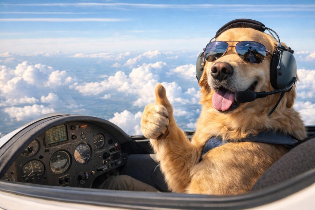 グライダーのコクピットから親指を立てるレトリバーのパイロット