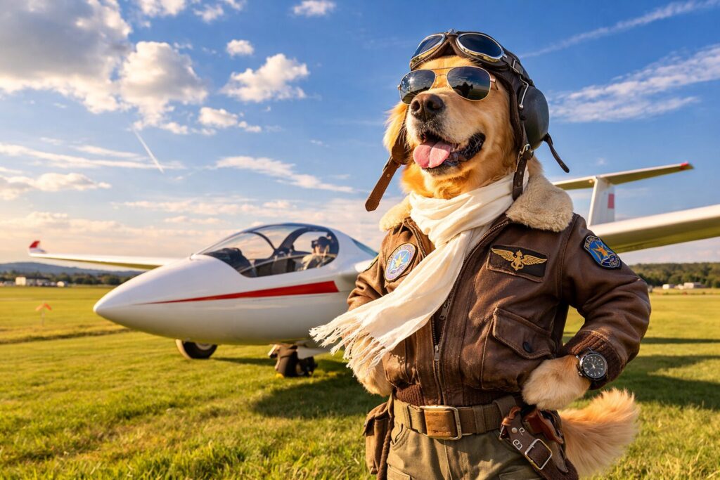 颯爽と芝生の滑走路に立つレトリバーのパイロット