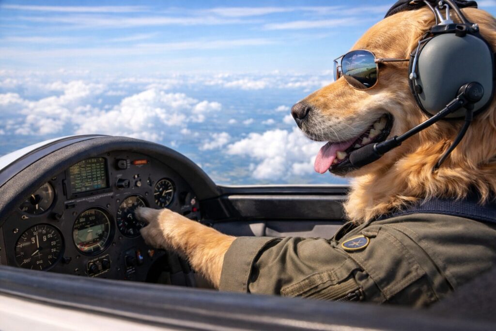 グライダーの計器をチェックするレトリバーのパイロット