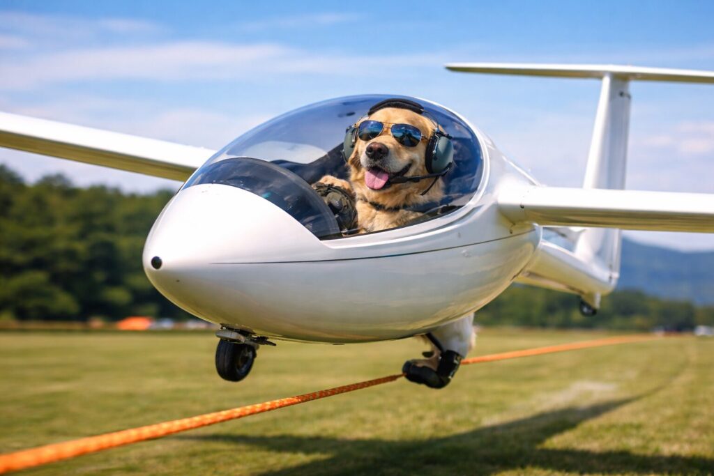 グライダーで離陸するレトリバーのパイロット