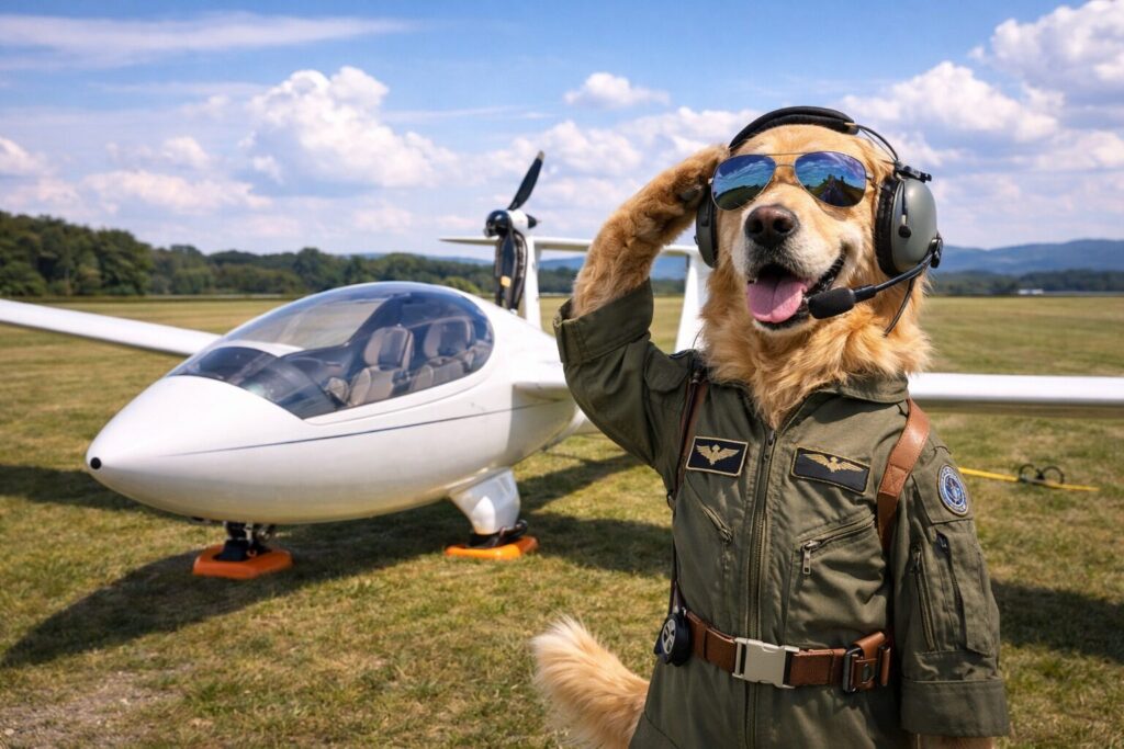グライダーの前で敬礼するレトリバーのパイロット
